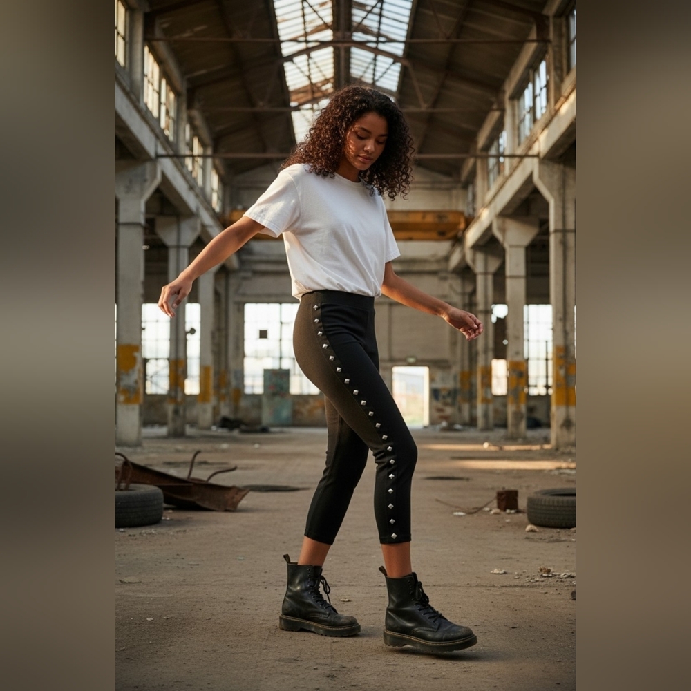 Medium Pink Rose Black Studded Cropped Leggings